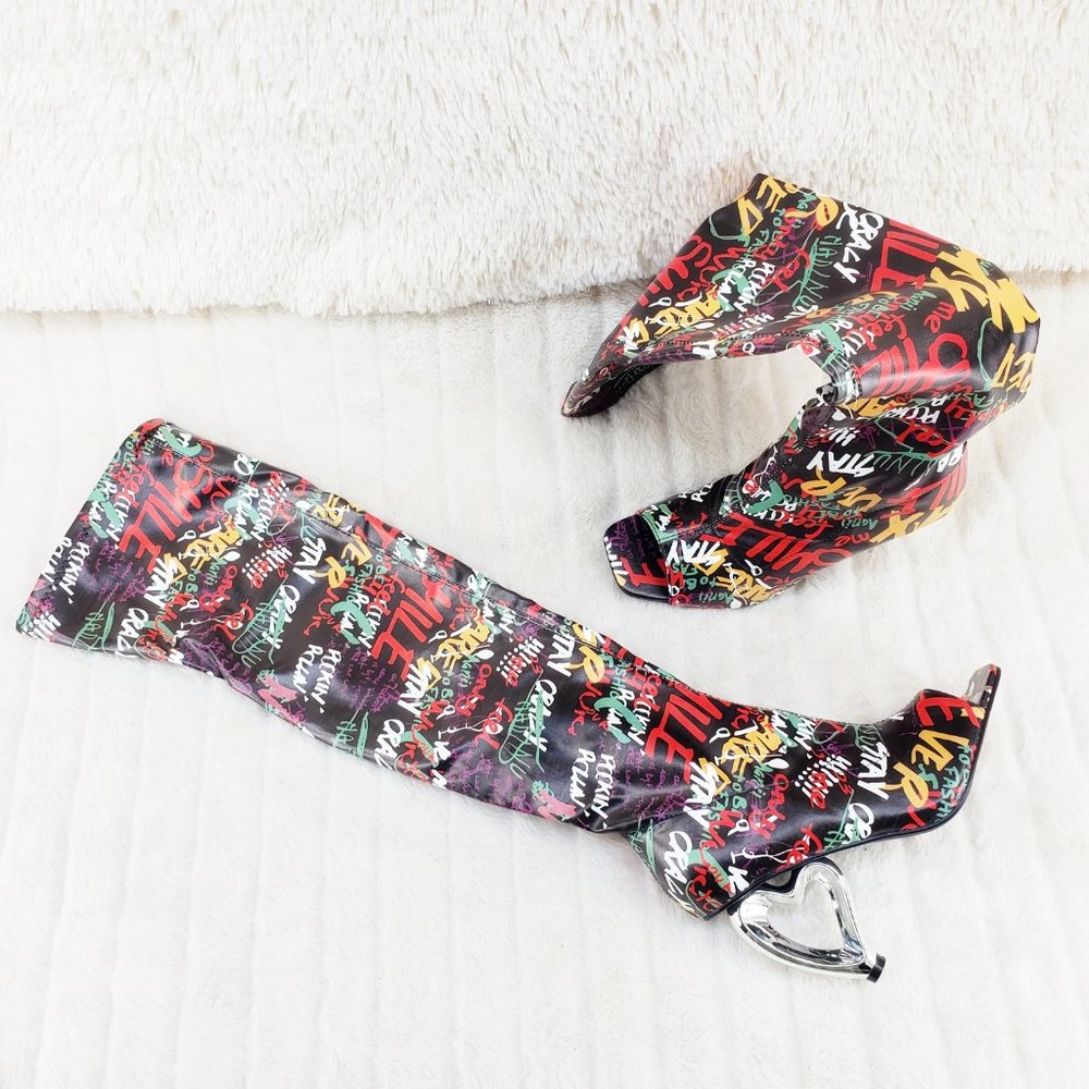 Zen Love Colorful Graffiti Print Over The Knee Boots With Wedge Heart heels - Picture 5 of 16